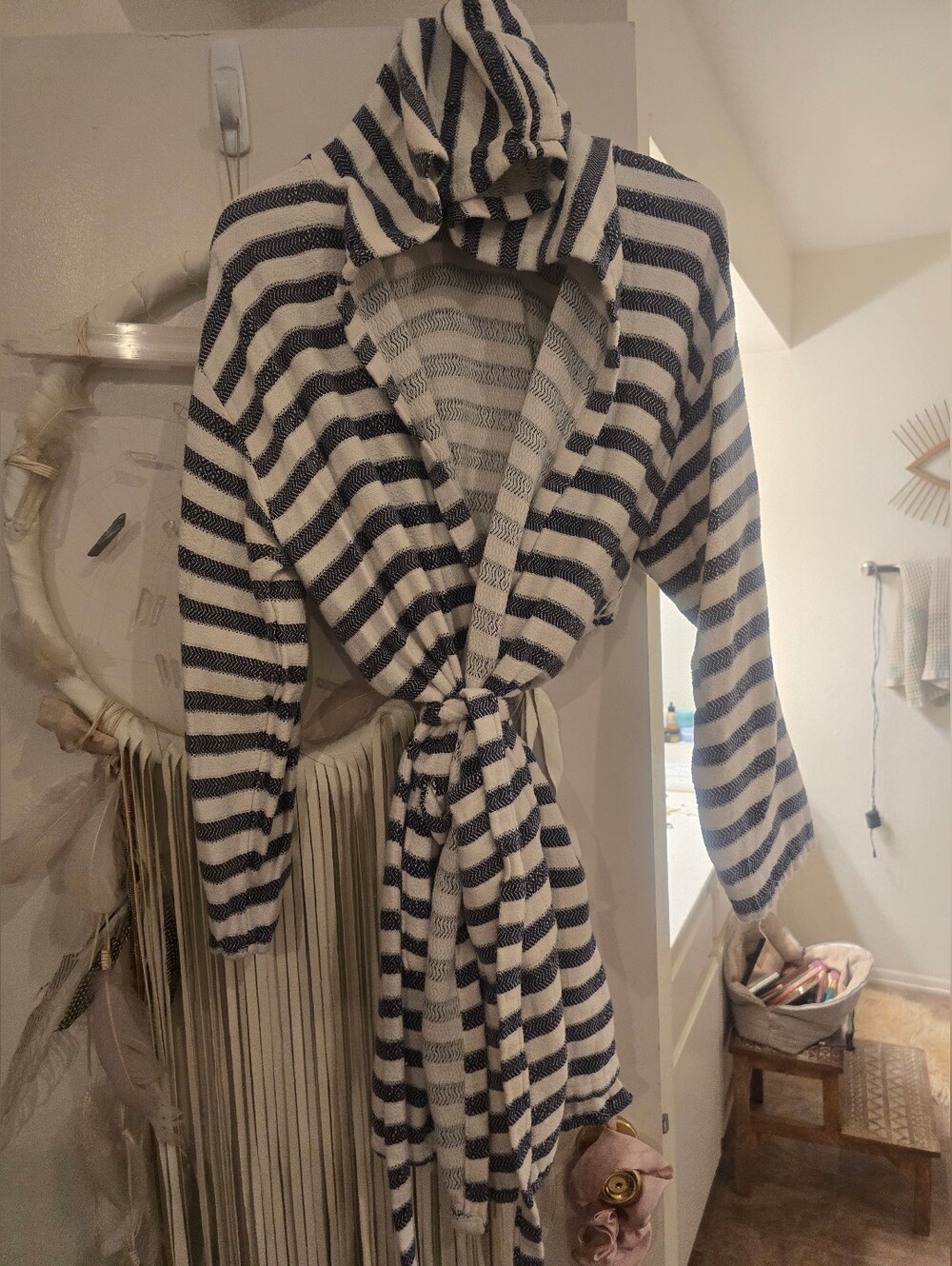 Moroccan Striped Hooded Knit Women's Sweater Robe - Navy & Cream